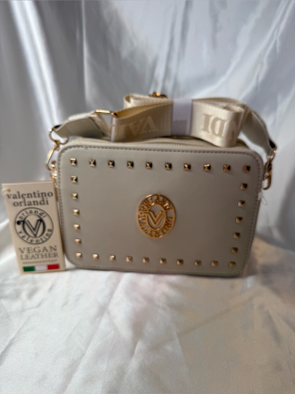 Valentino Orlandi Camera Bone Vegan Leather Crossbody with Gold Studs